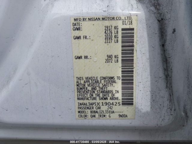 1N4AL3AP5JC190425 Nissan Altima 2.5 Sv