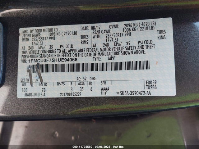Ford ESCAPE S 2017 1FMCU0F75HUE94068 Image 9