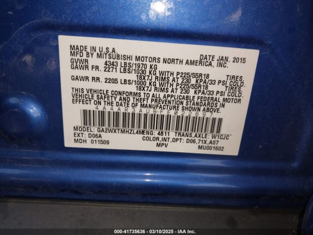 4A4AR3AU6FE022697 Mitsubishi Outlander Sport Es