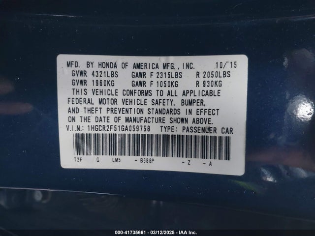 1HGCR2F51GA059758 Honda Accord Sport