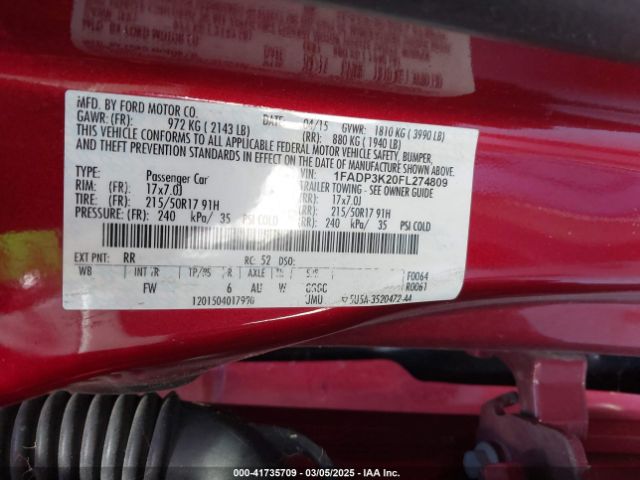 1FADP3K20FL274809 Ford FOCUS SE