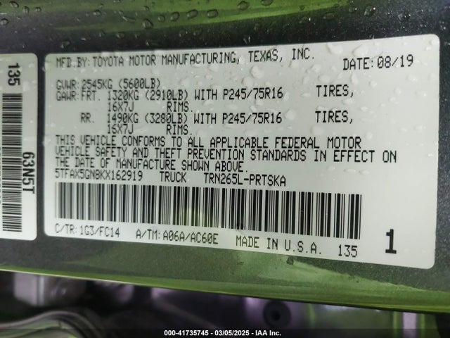 5TFAX5GN8KX162919 Toyota Tacoma Sr5