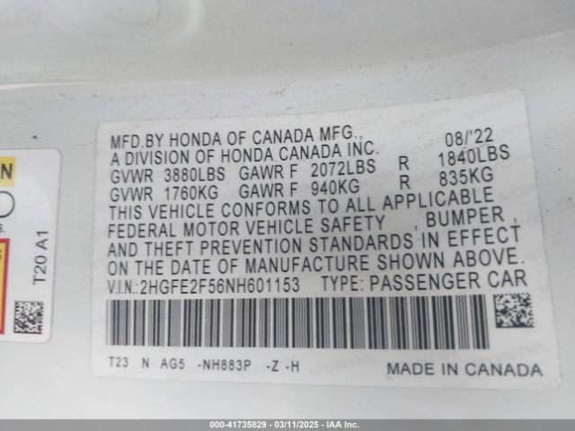 2HGFE2F56NH601153 Honda Civic Sport