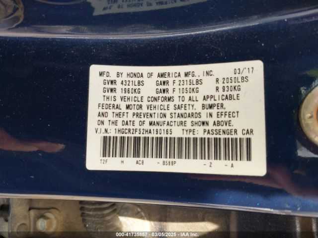 1HGCR2F52HA190165 Honda Accord Sport