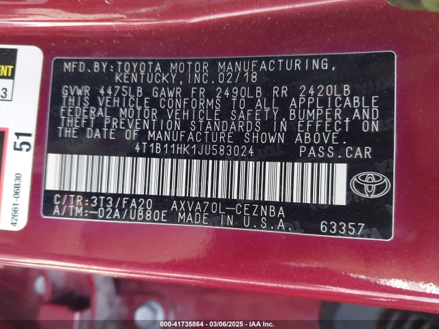 4T1B11HK1JU583024 Toyota CAMRY LE