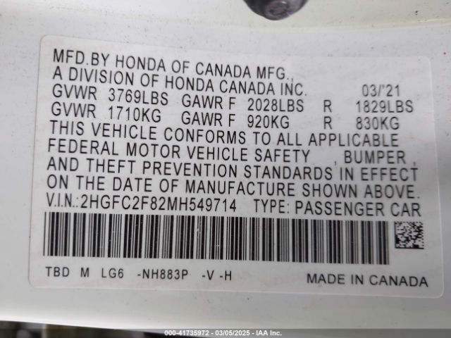 2HGFC2F82MH549714 Honda Civic Sport