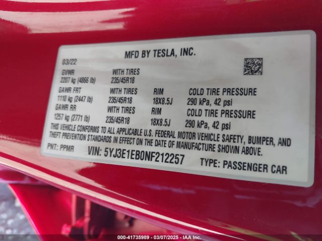 5YJ3E1EB0NF212257 Tesla Model 3 Long Range Dual Motor All-wheel Drive