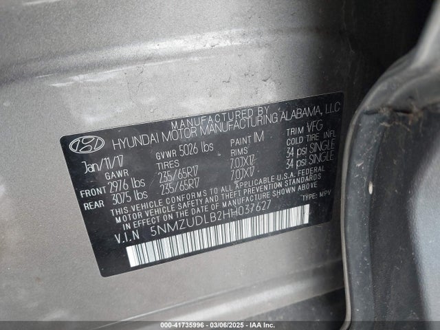 5NMZUDLB2HH037627 Hyundai Santa Fe Sport 2.4l