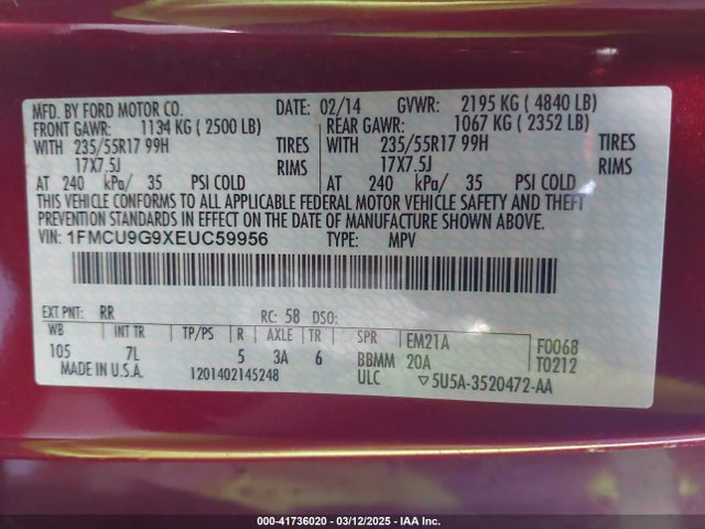 Ford ESCAPE SE 2014 1FMCU9G9XEUC59956 Image 9