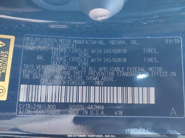 5TDJZRFH3KS580338 Toyota Highlander Xle