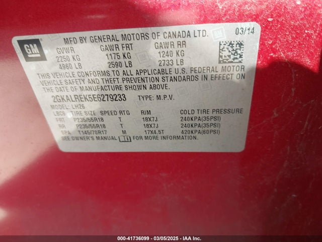GMC Terrain Sle-2 2014 2GKALREK5E6279233 Image 9
