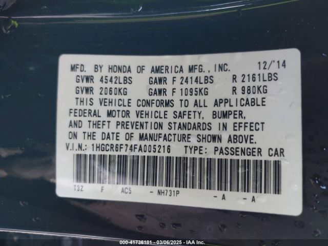 1HGCR6F74FA005216 Honda Accord Hybrid Touring