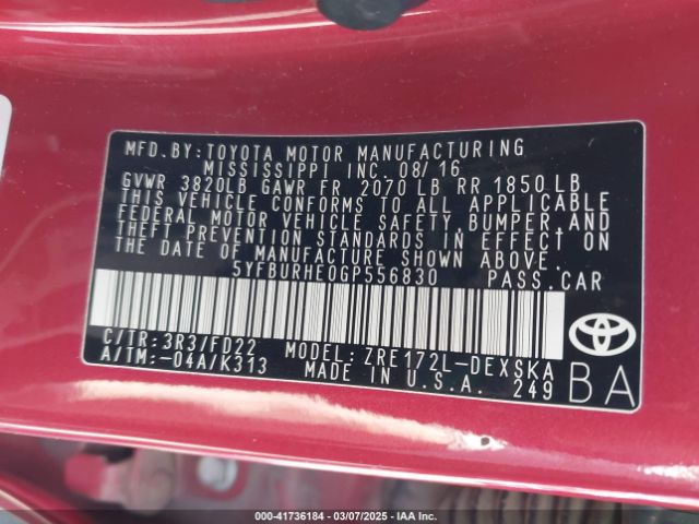 5YFBURHE0GP556830 Toyota Corolla S Plus