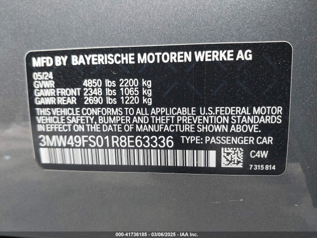 41736185 :رقم المزاد ، 3MW49FS01R8E63336 vin ، 2024 Bmw M340i مزاد بيع