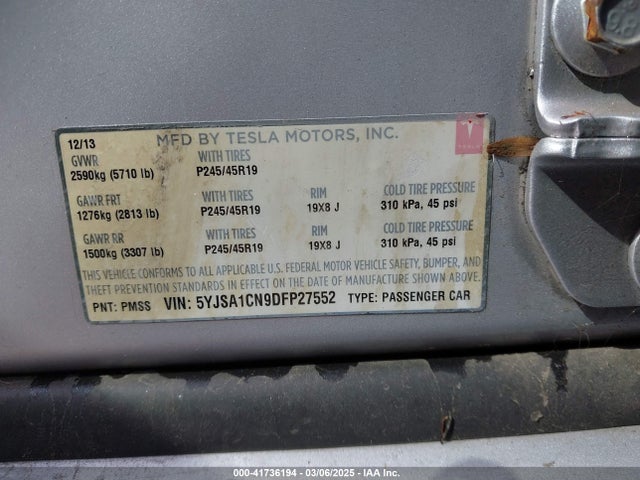 2013 TESLA MODEL S 5YJSA1CN9DFP27552 Photo 8