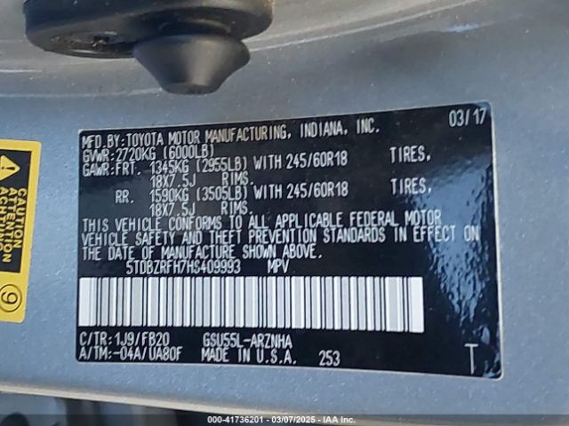 5TDBZRFH7HS409993 Toyota Highlander Le