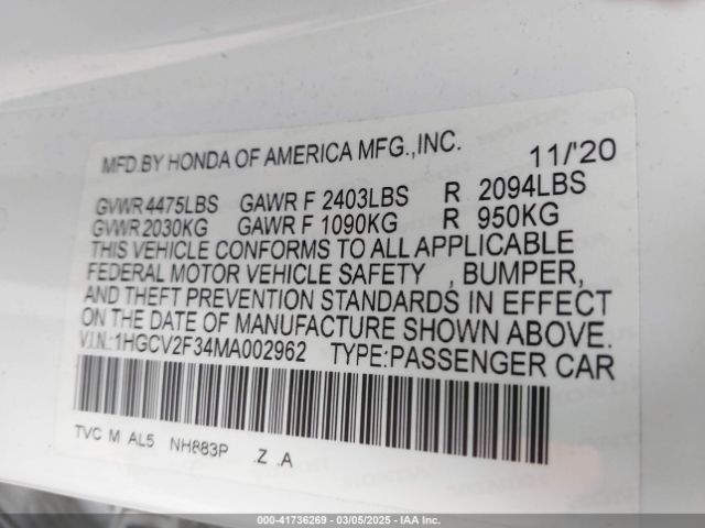 1HGCV2F34MA002962 Honda Accord Sport 2.0t