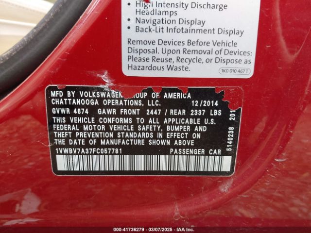 1VWBV7A37FC057781 Volkswagen Passat 2.0l Tdi Se