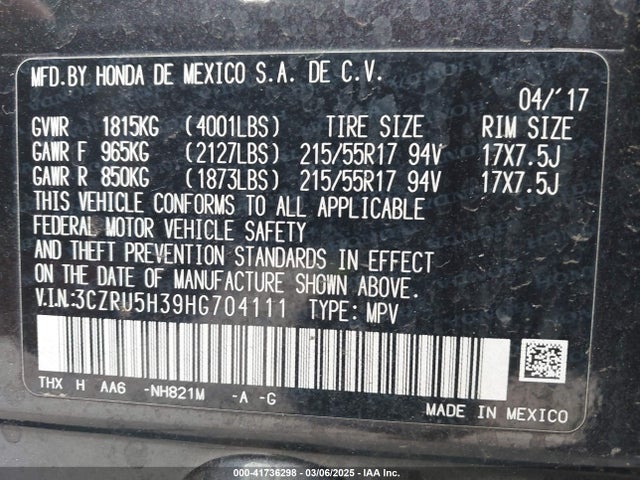 3CZRU5H39HG704111 Honda HR-V LX