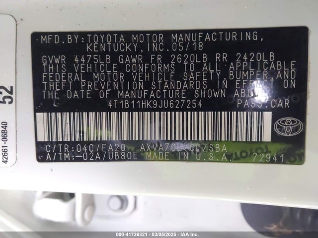 4T1B11HK9JU627254 Toyota CAMRY SE