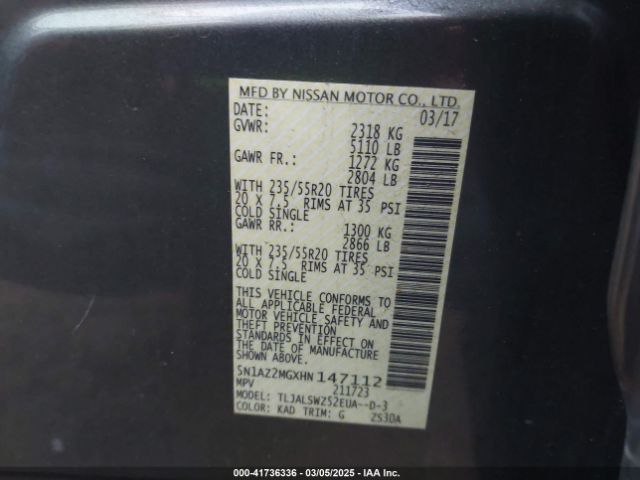 5N1AZ2MGXHN147112 Nissan Murano Platinum