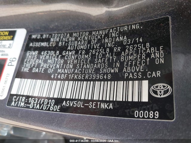 4T4BF1FK6ER399648 Toyota CAMRY LE