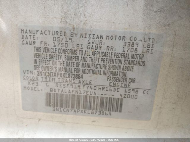 3N1CN7APXKL873864 Nissan Versa 1.6 S