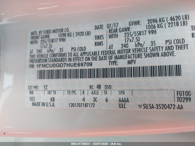 1FMCU0GD7HUE69709 Ford ESCAPE SE