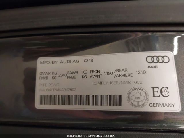 WAUB4CF58KA042802 Audi S5 3.0t Premium
