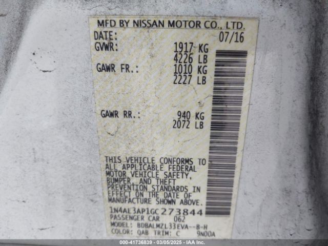 1N4AL3AP1GC273844 Nissan Altima 2.5 Sv