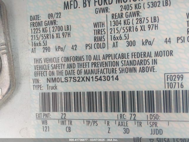 NM0LS7S2XN1543014 Ford Transit Connect Xl Cargo Van
