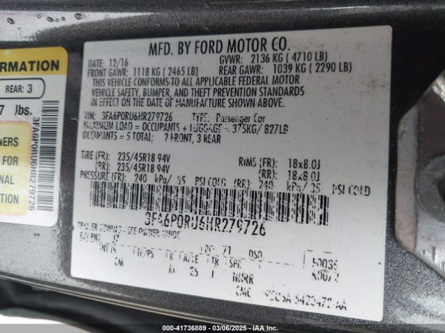 3FA6P0RU6HR279726 Ford Fusion Hybrid Titanium