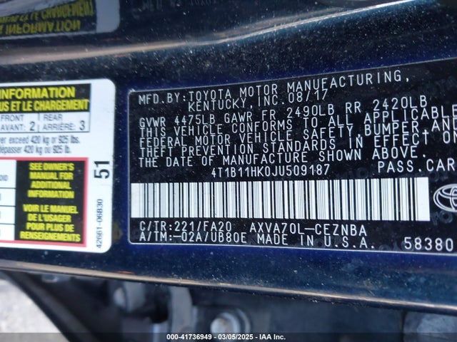 4T1B11HK0JU509187 Toyota CAMRY LE