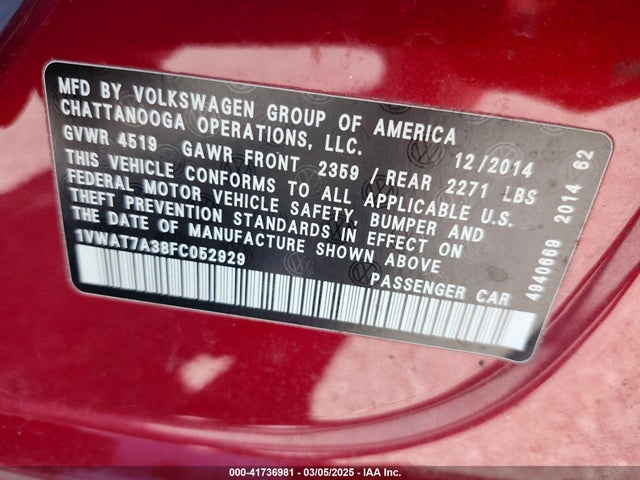 Volkswagen Passat 2015 1VWAT7A38FC052929 Image 9