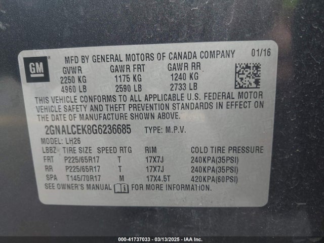 Chevrolet EQUINOX LT 2016 2GNALCEK8G6236685 Image 9