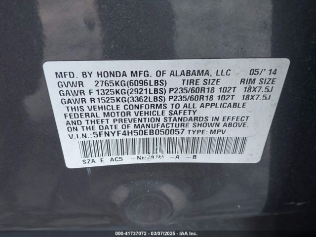 5FNYF4H50EB050057 Honda Pilot Ex-l