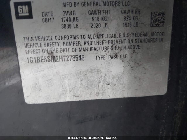 41737084 :رقم المزاد ، 1G1BE5SM2H7278546 vin ، 2017 Chevrolet Cruze Lt Auto مزاد بيع