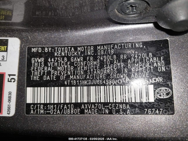 4T1B11HK3JU664980 Toyota CAMRY LE