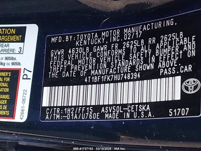 4T1BF1FK7HU748394 Toyota CAMRY SE