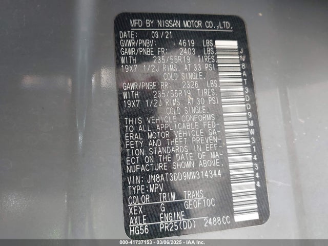 JN8AT3DD9MW314344 Nissan Rogue Platinum Intelligent Awd