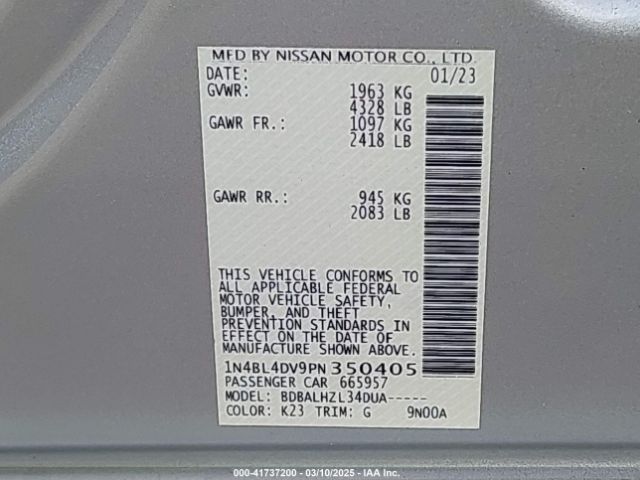 1N4BL4DV9PN350405 Nissan Altima Sv Fwd