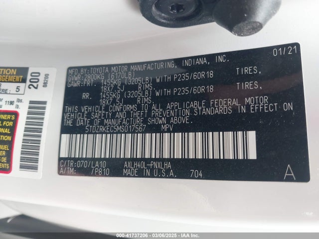 5TDZRKEC5MS017567 Toyota Sienna Limited