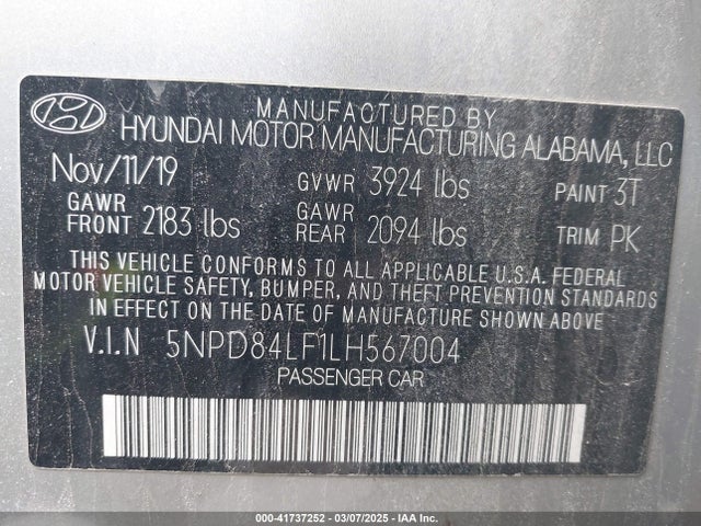 5NPD84LF1LH567004 Hyundai ELANTRA SEL