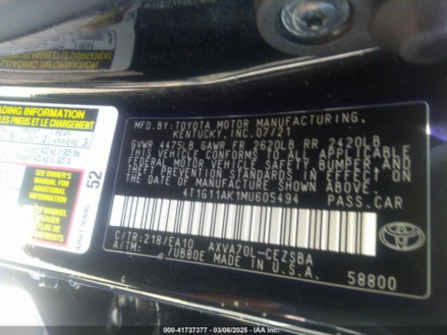 4T1G11AK1MU605494 Toyota CAMRY SE