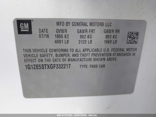 41737423 :رقم المزاد ، 1G1ZE5STXGF332217 vin ، 2016 Chevrolet Malibu 1lt مزاد بيع