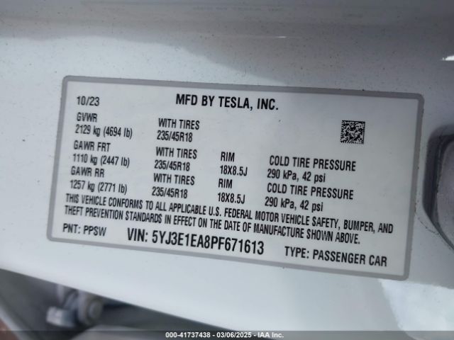 5YJ3E1EA8PF671613 Tesla Model 3 Rear-wheel Drive