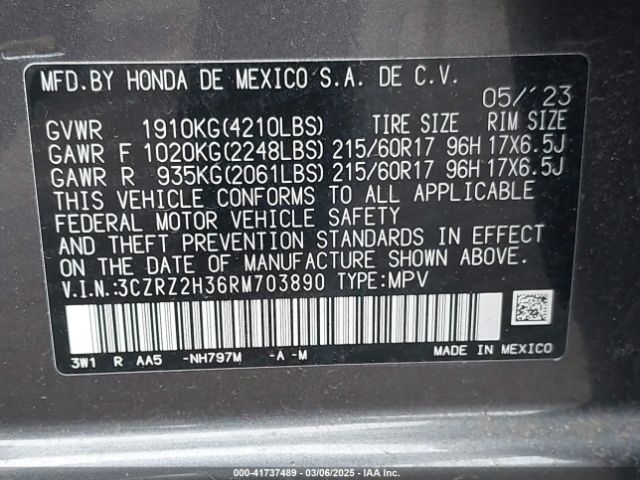 3CZRZ2H36RM703890 Honda Hr-v Awd Lx
