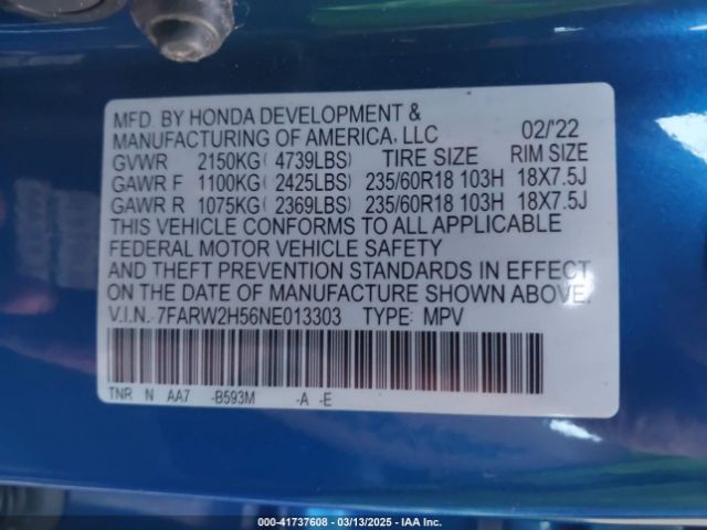 7FARW2H56NE013303 Honda Cr-v Awd Ex