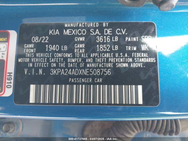 3KPA24ADXNE508756 KIA RIO S