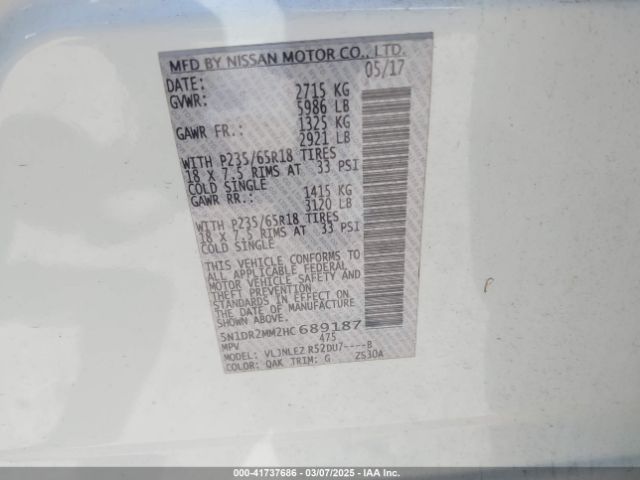 5N1DR2MM2HC689187 Nissan Pathfinder Sv